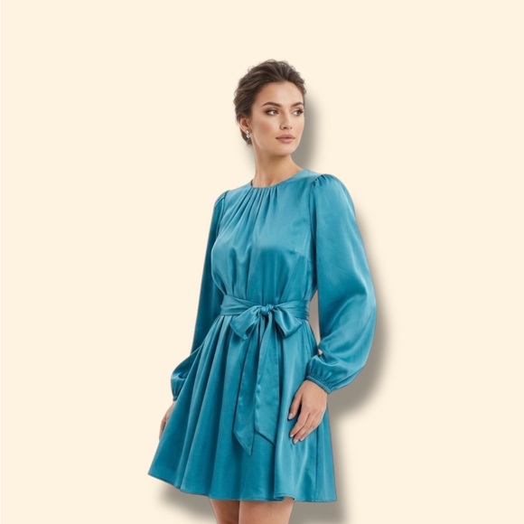 mitilly Dresses & Skirts - Teal Long-Sleeve Tie-Waist Mini Dress